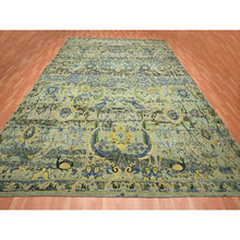 Load image into Gallery viewer, 12&#39;x15&#39;1&quot; Sage Green, Broken and Erased Persian Inspired with Birds Design, Distinct Abrash, Shaved Low, Hand Knotted, Pure Wool, XL, Oversized, Oriental Rug FWR454272