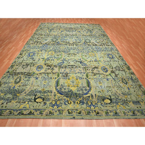 12'x15'1" Sage Green, Broken and Erased Persian Inspired with Birds Design, Distinct Abrash, Shaved Low, Hand Knotted, Pure Wool, XL, Oversized, Oriental Rug FWR454272