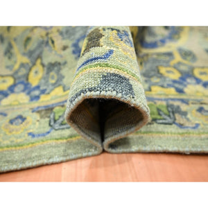 12'x15'1" Sage Green, Broken and Erased Persian Inspired with Birds Design, Distinct Abrash, Shaved Low, Hand Knotted, Pure Wool, XL, Oversized, Oriental Rug FWR454272