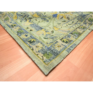 12'x15'1" Sage Green, Broken and Erased Persian Inspired with Birds Design, Distinct Abrash, Shaved Low, Hand Knotted, Pure Wool, XL, Oversized, Oriental Rug FWR454272