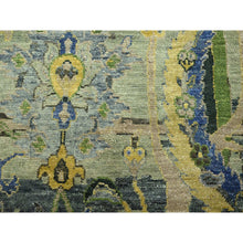 Load image into Gallery viewer, 12&#39;x15&#39;1&quot; Sage Green, Broken and Erased Persian Inspired with Birds Design, Distinct Abrash, Shaved Low, Hand Knotted, Pure Wool, XL, Oversized, Oriental Rug FWR454272