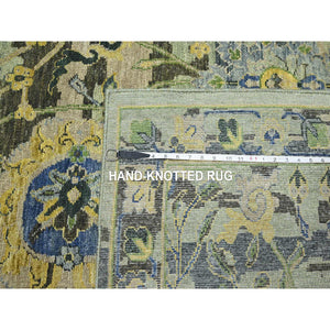12'x15'1" Sage Green, Broken and Erased Persian Inspired with Birds Design, Distinct Abrash, Shaved Low, Hand Knotted, Pure Wool, XL, Oversized, Oriental Rug FWR454272