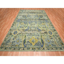 Load image into Gallery viewer, 9&#39;x12&#39;3&quot; Swamp Green, Broken and Erased Persian Inspired with Birds Design, Distinct Abrash, Shaved Low, Hand Knotted, 100% Wool, Oriental Rug FWR454278