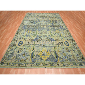 9'x12'3" Swamp Green, Broken and Erased Persian Inspired with Birds Design, Distinct Abrash, Shaved Low, Hand Knotted, 100% Wool, Oriental Rug FWR454278