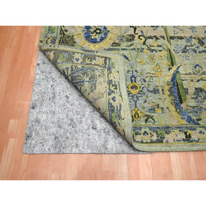 9'x12'3" Swamp Green, Broken and Erased Persian Inspired with Birds Design, Distinct Abrash, Shaved Low, Hand Knotted, 100% Wool, Oriental Rug FWR454278