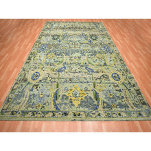 Load image into Gallery viewer, 9&#39;x12&#39;1&quot; Laurel Green, Broken and Erased Persian Inspired with Birds Design, Distinct Abrash, Shaved Low, Hand Knotted, Pure Wool, Oriental Rug FWR454284
