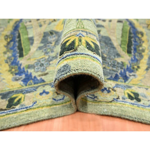 9'x12'1" Laurel Green, Broken and Erased Persian Inspired with Birds Design, Distinct Abrash, Shaved Low, Hand Knotted, Pure Wool, Oriental Rug FWR454284