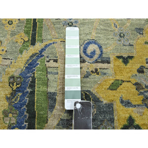 9'x12'1" Laurel Green, Broken and Erased Persian Inspired with Birds Design, Distinct Abrash, Shaved Low, Hand Knotted, Pure Wool, Oriental Rug FWR454284