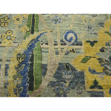 Load image into Gallery viewer, 9&#39;x12&#39;1&quot; Laurel Green, Broken and Erased Persian Inspired with Birds Design, Distinct Abrash, Shaved Low, Hand Knotted, Pure Wool, Oriental Rug FWR454284