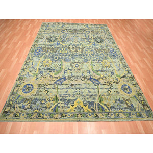 8'1"x10'2" Hedge Green, Hand Knotted, Broken and Erased Persian Inspired with Birds Design, Distinct Abrash, Shaved Low, Pure Wool, Oriental Rug FWR454290