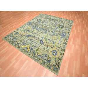 8'1"x10'2" Hedge Green, Hand Knotted, Broken and Erased Persian Inspired with Birds Design, Distinct Abrash, Shaved Low, Pure Wool, Oriental Rug FWR454290