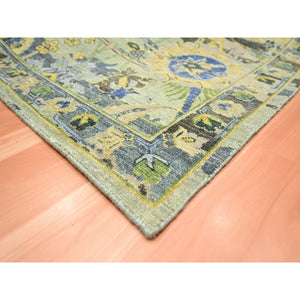 8'1"x10'2" Hedge Green, Hand Knotted, Broken and Erased Persian Inspired with Birds Design, Distinct Abrash, Shaved Low, Pure Wool, Oriental Rug FWR454290