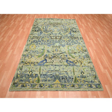 Load image into Gallery viewer, 6&#39;1&quot;x9&#39;3&quot; Reseda Green, Broken and Erased Persian Inspired with Birds Design, Distinct Abrash, Shaved Low, Hand Knotted, Pure Wool, Oriental Rug FWR454296