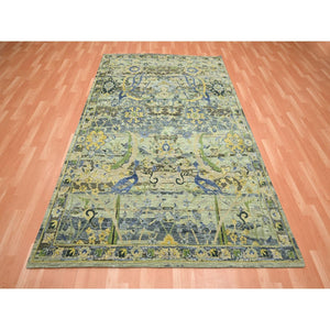 6'1"x9'3" Reseda Green, Broken and Erased Persian Inspired with Birds Design, Distinct Abrash, Shaved Low, Hand Knotted, Pure Wool, Oriental Rug FWR454296