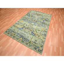 Load image into Gallery viewer, 6&#39;1&quot;x9&#39;3&quot; Reseda Green, Broken and Erased Persian Inspired with Birds Design, Distinct Abrash, Shaved Low, Hand Knotted, Pure Wool, Oriental Rug FWR454296