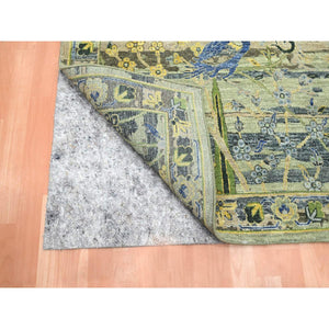 6'1"x9'3" Reseda Green, Broken and Erased Persian Inspired with Birds Design, Distinct Abrash, Shaved Low, Hand Knotted, Pure Wool, Oriental Rug FWR454296