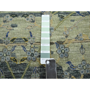 6'1"x9'3" Reseda Green, Broken and Erased Persian Inspired with Birds Design, Distinct Abrash, Shaved Low, Hand Knotted, Pure Wool, Oriental Rug FWR454296