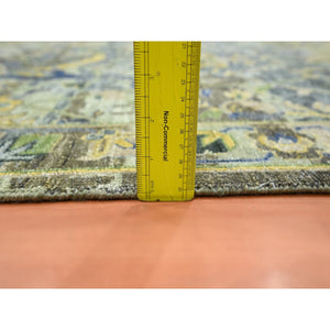 6'1"x9'3" Reseda Green, Broken and Erased Persian Inspired with Birds Design, Distinct Abrash, Shaved Low, Hand Knotted, Pure Wool, Oriental Rug FWR454296