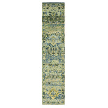 Load image into Gallery viewer, 2&#39;7&quot;x12&#39;3&quot; Swamp Green, Broken and Erased Persian Inspired with Birds Design, Distinct Abrash, Shaved Low, Pure Wool, Hand Knotted, Runner, Oriental Rug FWR454302