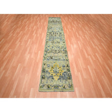 Load image into Gallery viewer, 2&#39;7&quot;x12&#39;3&quot; Swamp Green, Broken and Erased Persian Inspired with Birds Design, Distinct Abrash, Shaved Low, Pure Wool, Hand Knotted, Runner, Oriental Rug FWR454302