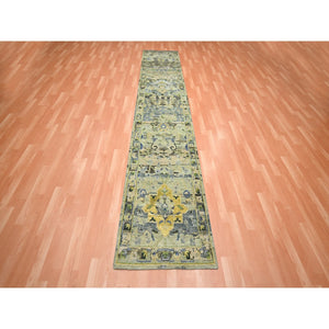 2'7"x12'3" Swamp Green, Broken and Erased Persian Inspired with Birds Design, Distinct Abrash, Shaved Low, Pure Wool, Hand Knotted, Runner, Oriental Rug FWR454302