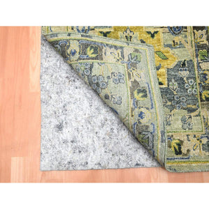 2'7"x12'3" Swamp Green, Broken and Erased Persian Inspired with Birds Design, Distinct Abrash, Shaved Low, Pure Wool, Hand Knotted, Runner, Oriental Rug FWR454302