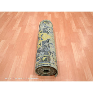 2'7"x12'3" Swamp Green, Broken and Erased Persian Inspired with Birds Design, Distinct Abrash, Shaved Low, Pure Wool, Hand Knotted, Runner, Oriental Rug FWR454302