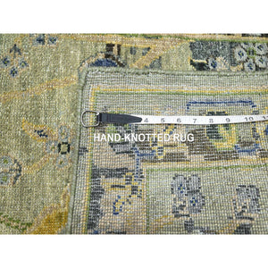2'7"x12'3" Swamp Green, Broken and Erased Persian Inspired with Birds Design, Distinct Abrash, Shaved Low, Pure Wool, Hand Knotted, Runner, Oriental Rug FWR454302