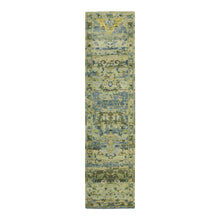 Load image into Gallery viewer, 2&#39;7&quot;x10&#39;6&quot; Sage Green, Pure Wool, Broken and Erased Persian Inspired with Birds Design, Distinct Abrash, Shaved Low, Hand Knotted, Runner, Oriental Rug FWR454308