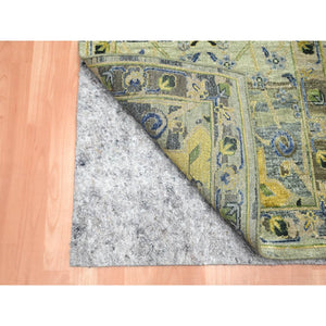 2'7"x10'6" Sage Green, Pure Wool, Broken and Erased Persian Inspired with Birds Design, Distinct Abrash, Shaved Low, Hand Knotted, Runner, Oriental Rug FWR454308