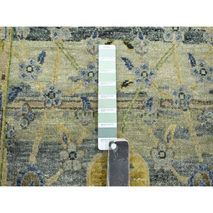 2'7"x10'6" Sage Green, Pure Wool, Broken and Erased Persian Inspired with Birds Design, Distinct Abrash, Shaved Low, Hand Knotted, Runner, Oriental Rug FWR454308