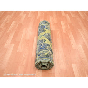 2'7"x10'6" Sage Green, Pure Wool, Broken and Erased Persian Inspired with Birds Design, Distinct Abrash, Shaved Low, Hand Knotted, Runner, Oriental Rug FWR454308