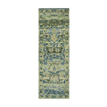 Load image into Gallery viewer, 2&#39;7&quot;x8&#39;4&quot; Artichoke Green, Broken and Erased Persian Inspired with Birds Design, Distinct Abrash, Shaved Low, Hand Knotted, Pure Wool, Runner, Oriental Rug FWR454314