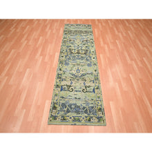 Load image into Gallery viewer, 2&#39;7&quot;x8&#39;4&quot; Artichoke Green, Broken And Erased Persian Inspired With Birds Design, Distinct Abrash, Shaved Low, Hand Knotted, Pure Wool, Runner, Oriental Rug FWR454314