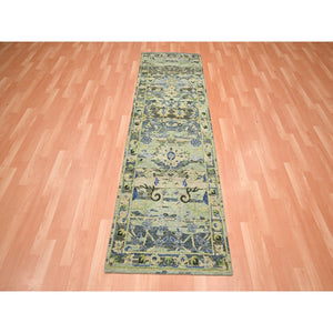2'7"x8'4" Artichoke Green, Broken and Erased Persian Inspired with Birds Design, Distinct Abrash, Shaved Low, Hand Knotted, Pure Wool, Runner, Oriental Rug FWR454314
