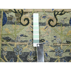 2'7"x8'4" Artichoke Green, Broken and Erased Persian Inspired with Birds Design, Distinct Abrash, Shaved Low, Hand Knotted, Pure Wool, Runner, Oriental Rug FWR454314
