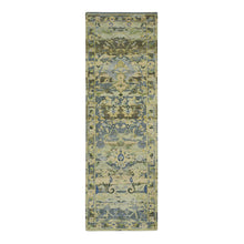 Load image into Gallery viewer, 2&#39;8&quot;x8&#39;3&quot; Sage Green, Hand Knotted, Broken and Erased Persian Inspired with Birds Design, Distinct Abrash, Shaved Low, Pure Wool, Runner, Oriental Rug FWR454320