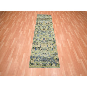 2'8"x8'3" Sage Green, Hand Knotted, Broken and Erased Persian Inspired with Birds Design, Distinct Abrash, Shaved Low, Pure Wool, Runner, Oriental Rug FWR454320
