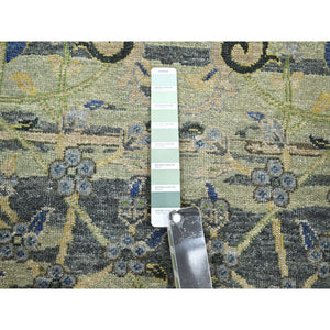 2'8"x8'3" Sage Green, Hand Knotted, Broken and Erased Persian Inspired with Birds Design, Distinct Abrash, Shaved Low, Pure Wool, Runner, Oriental Rug FWR454320