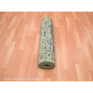 2'8"x8'3" Sage Green, Hand Knotted, Broken and Erased Persian Inspired with Birds Design, Distinct Abrash, Shaved Low, Pure Wool, Runner, Oriental Rug FWR454320