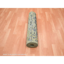Load image into Gallery viewer, 2&#39;8&quot;x8&#39;3&quot; Sage Green, Hand Knotted, Broken And Erased Persian Inspired With Birds Design, Distinct Abrash, Shaved Low, Pure Wool, Runner, Oriental Rug FWR454320