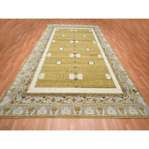 10'x14'3" Golden Yellow, Pinecone Design, 100% Wool, Hand Knotted, Shaved Low, Densely Woven, Oriental Rug FWR454332