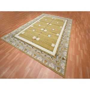 10'x14'3" Golden Yellow, Pinecone Design, 100% Wool, Hand Knotted, Shaved Low, Densely Woven, Oriental Rug FWR454332