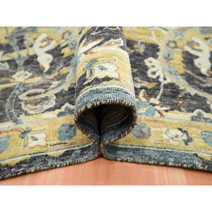9'x12'2" Coffee Brown, Broken and Erased Persian Inspired with Birds Design, Hand Knotted, Distinct Abrash, Shaved Low, Pure Wool, Oriental Rug FWR454344