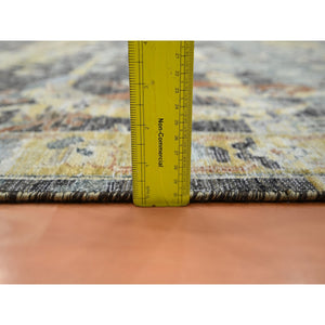 9'x12'2" Coffee Brown, Broken and Erased Persian Inspired with Birds Design, Hand Knotted, Distinct Abrash, Shaved Low, Pure Wool, Oriental Rug FWR454344