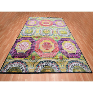 9'x11'10" Macaroon Yellow, Colorful Mamluk Design, Sari Silk With Textured Wool, Hand Knotted, Oriental Rug FWR454356
