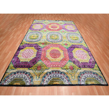 Load image into Gallery viewer, 9&#39;x11&#39;10&quot; Macaroon Yellow, Colorful Mamluk Design, Sari Silk With Textured Wool, Hand Knotted, Oriental Rug FWR454356