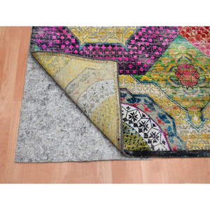 9'x11'10" Macaroon Yellow, Colorful Mamluk Design, Sari Silk With Textured Wool, Hand Knotted, Oriental Rug FWR454356
