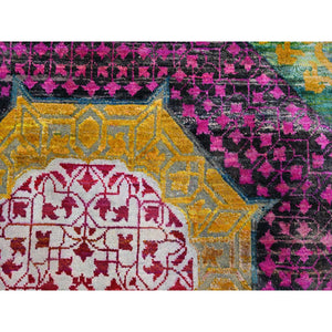 9'x11'10" Macaroon Yellow, Colorful Mamluk Design, Sari Silk With Textured Wool, Hand Knotted, Oriental Rug FWR454356