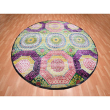 Load image into Gallery viewer, 9&#39;10&quot;x9&#39;10&quot; Golden Yellow, Colorful Mamluk Design, Hand Knotted, Sari Silk with Textured Wool, Round, Oriental Rug FWR454362